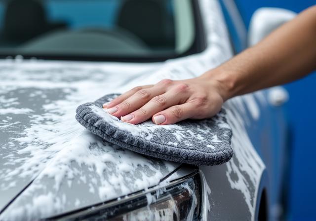 Professionnel lavant une voiture à la main avec une éponge en microfibre